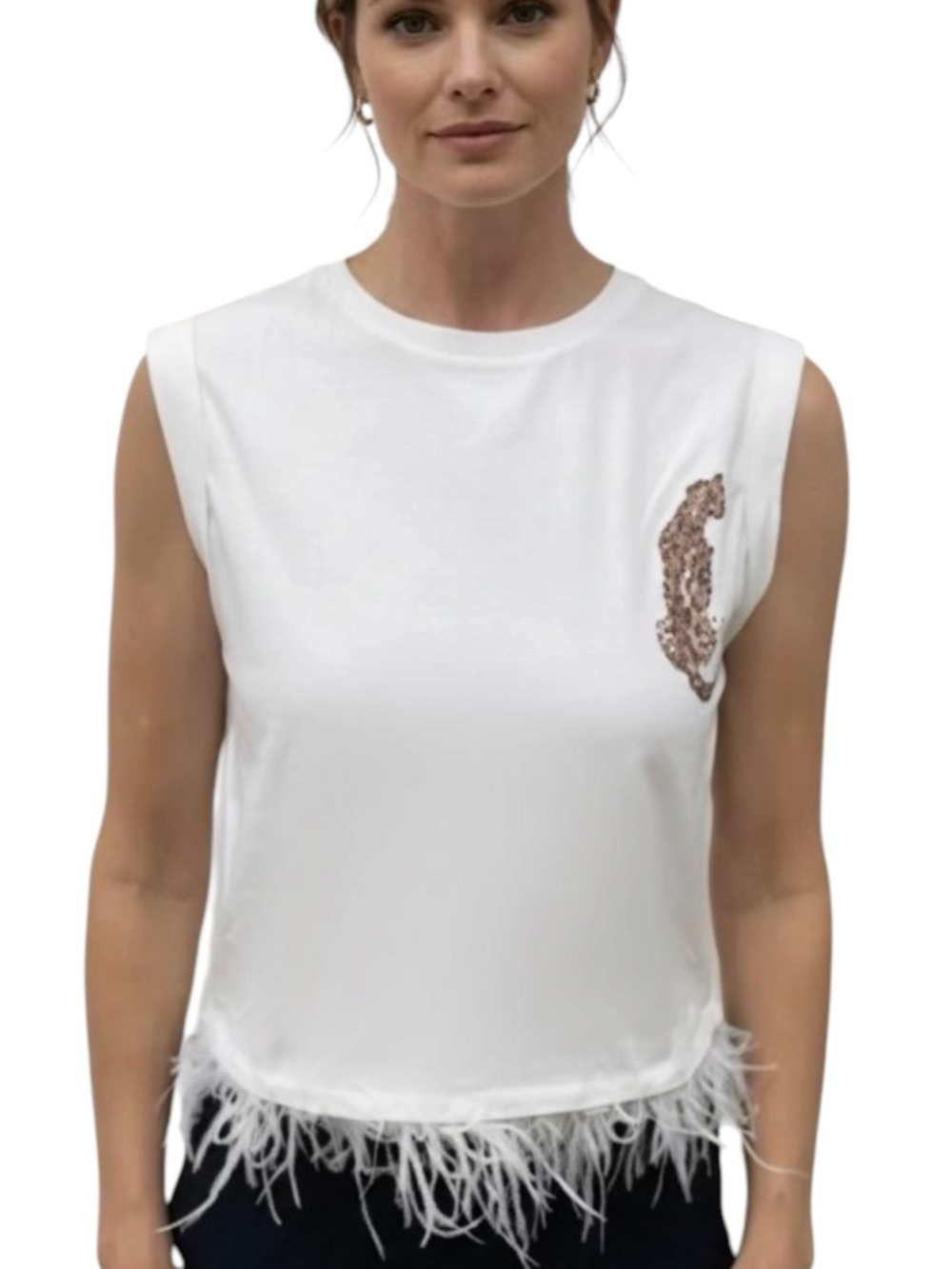 Adrienne Landau Feather Tank Top White Sleeveless Leopard Appliqué Luxury